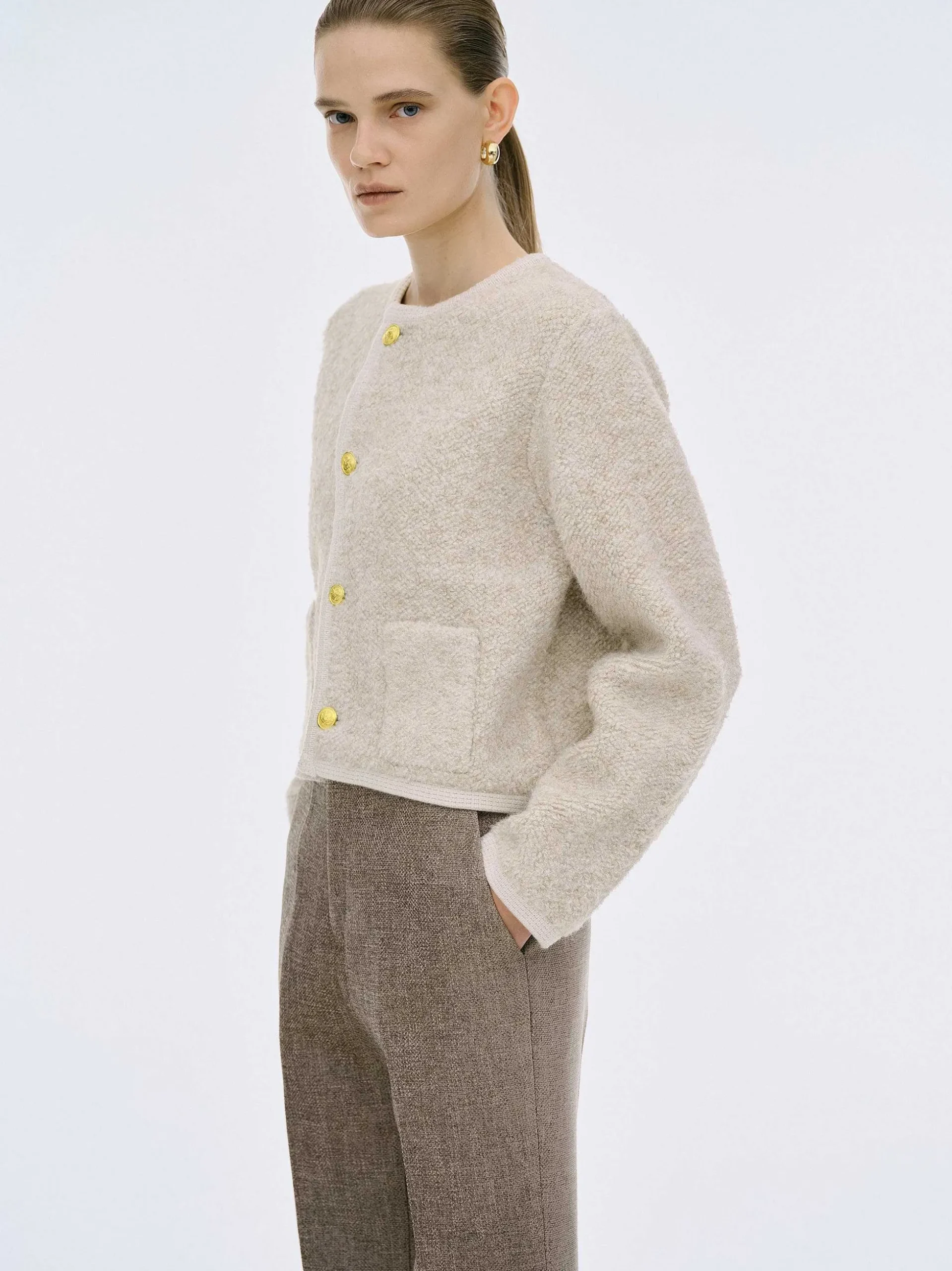 Women Source Unknown Knitwear-Mogador Shearing Wool Cardigan, Beige Melange