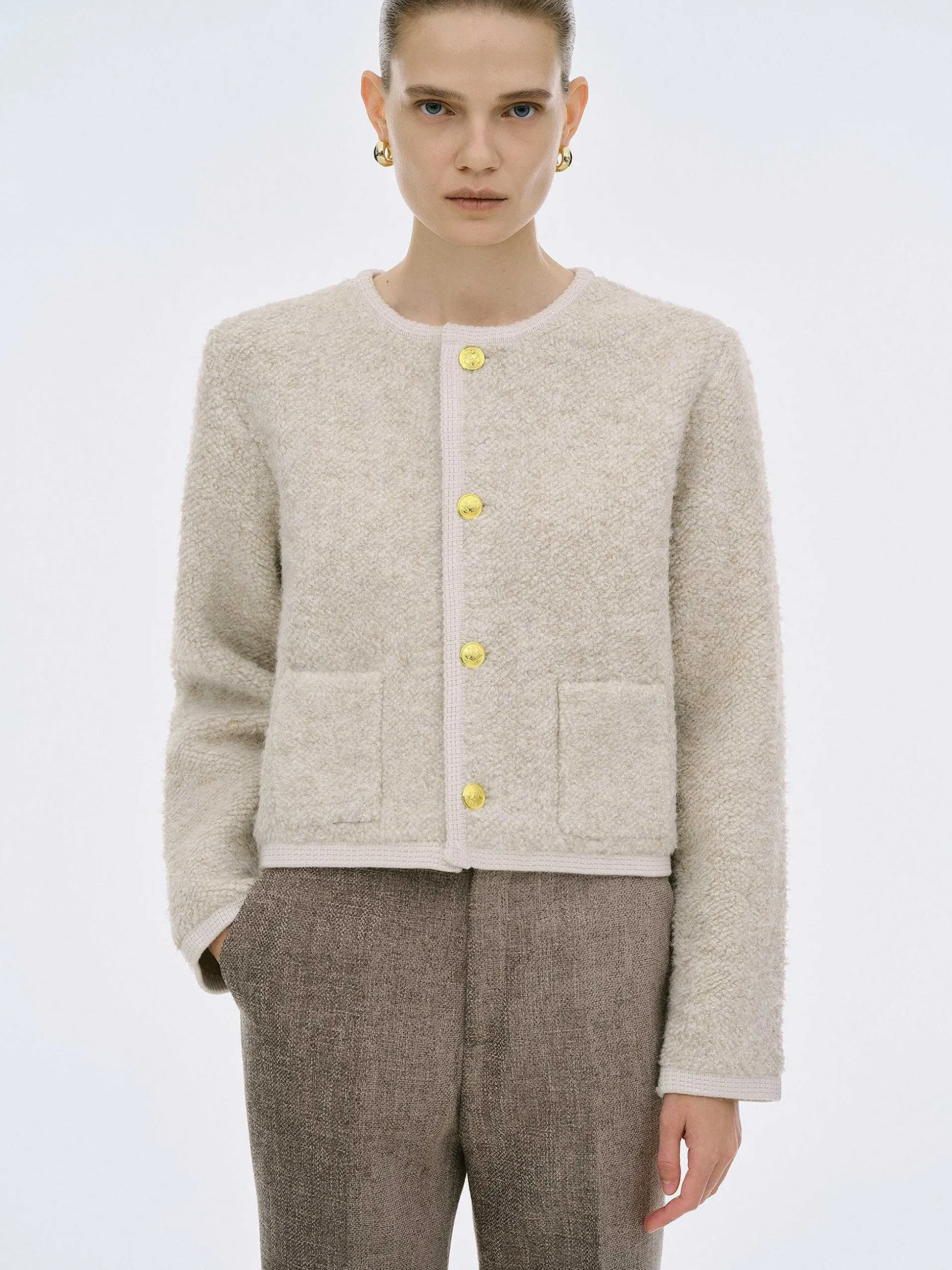 Women Source Unknown Knitwear-Mogador Shearing Wool Cardigan, Beige Melange