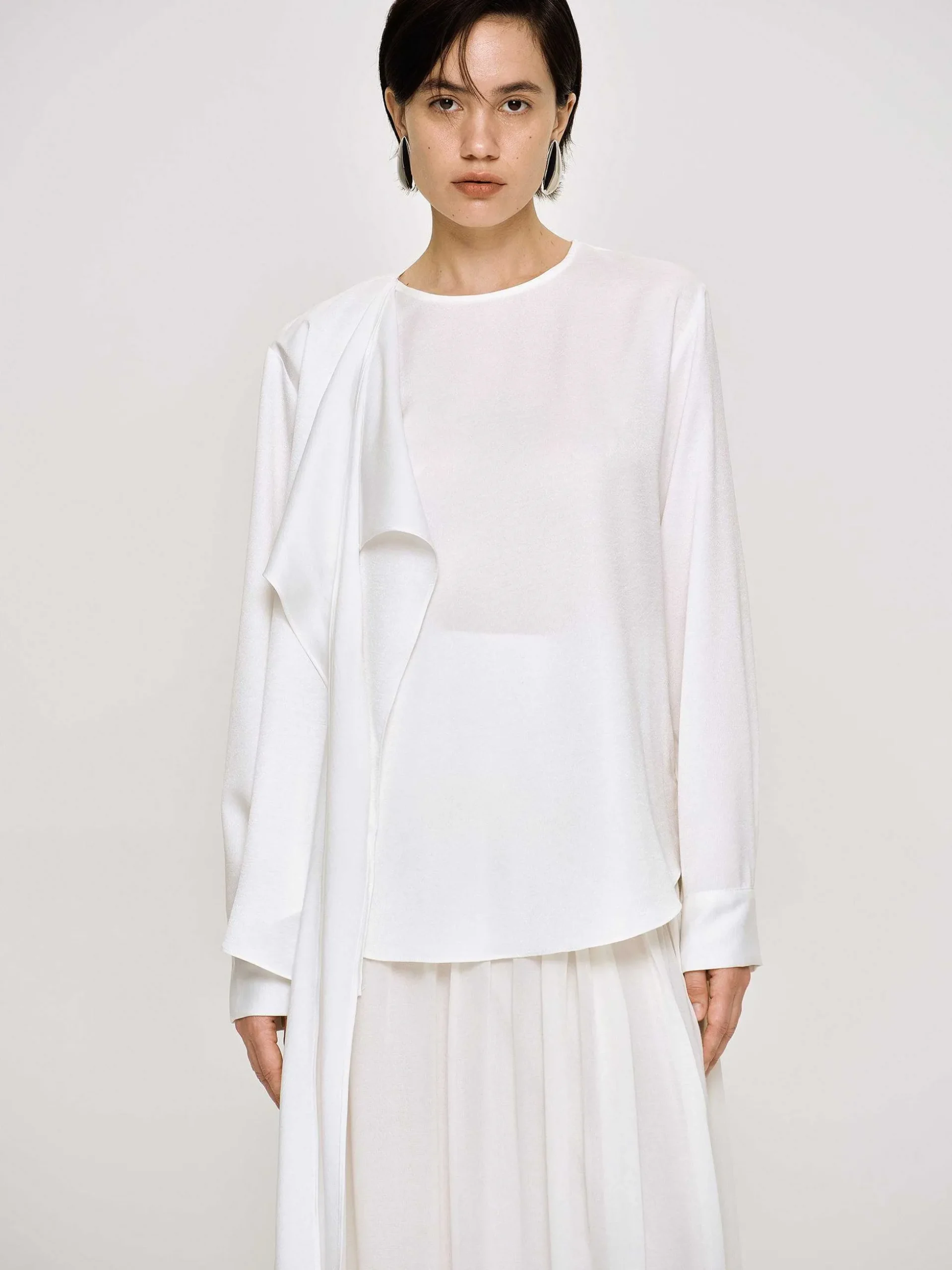Women Source Unknown Tops-Notte Draped Scarf Blouse, White
