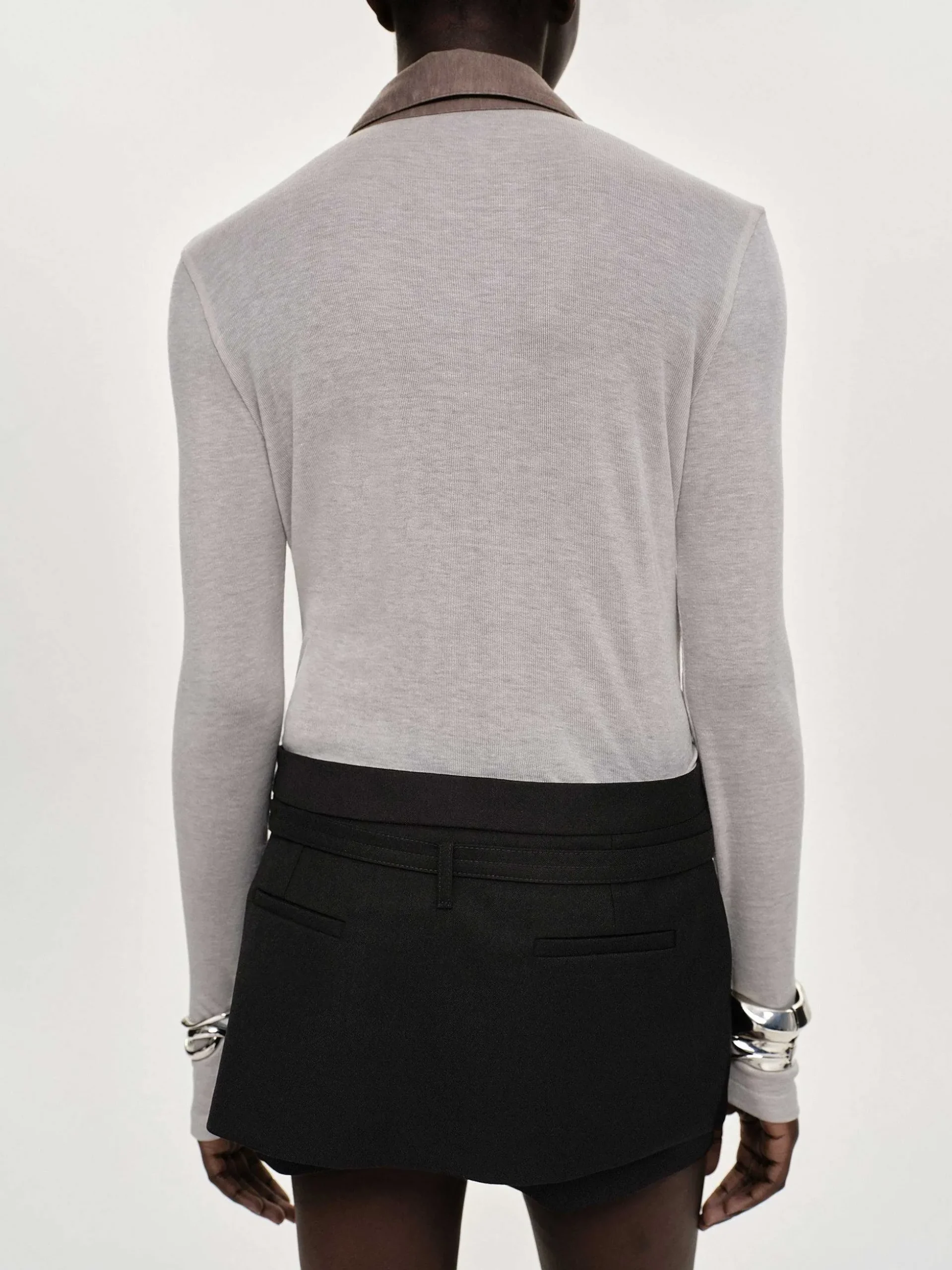 Women Source Unknown Tops-Pietro Semi-Sheer Collar Top, Taupe Brown