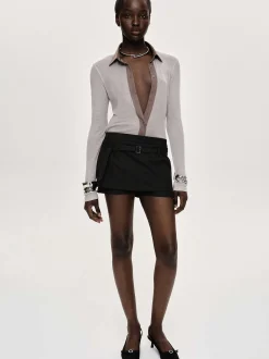 Women Source Unknown Clothing-Pietro Semi-Sheer Collar Top, Taupe Brown