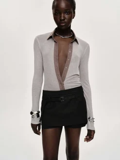 Women Source Unknown Clothing-Pietro Semi-Sheer Collar Top, Taupe Brown