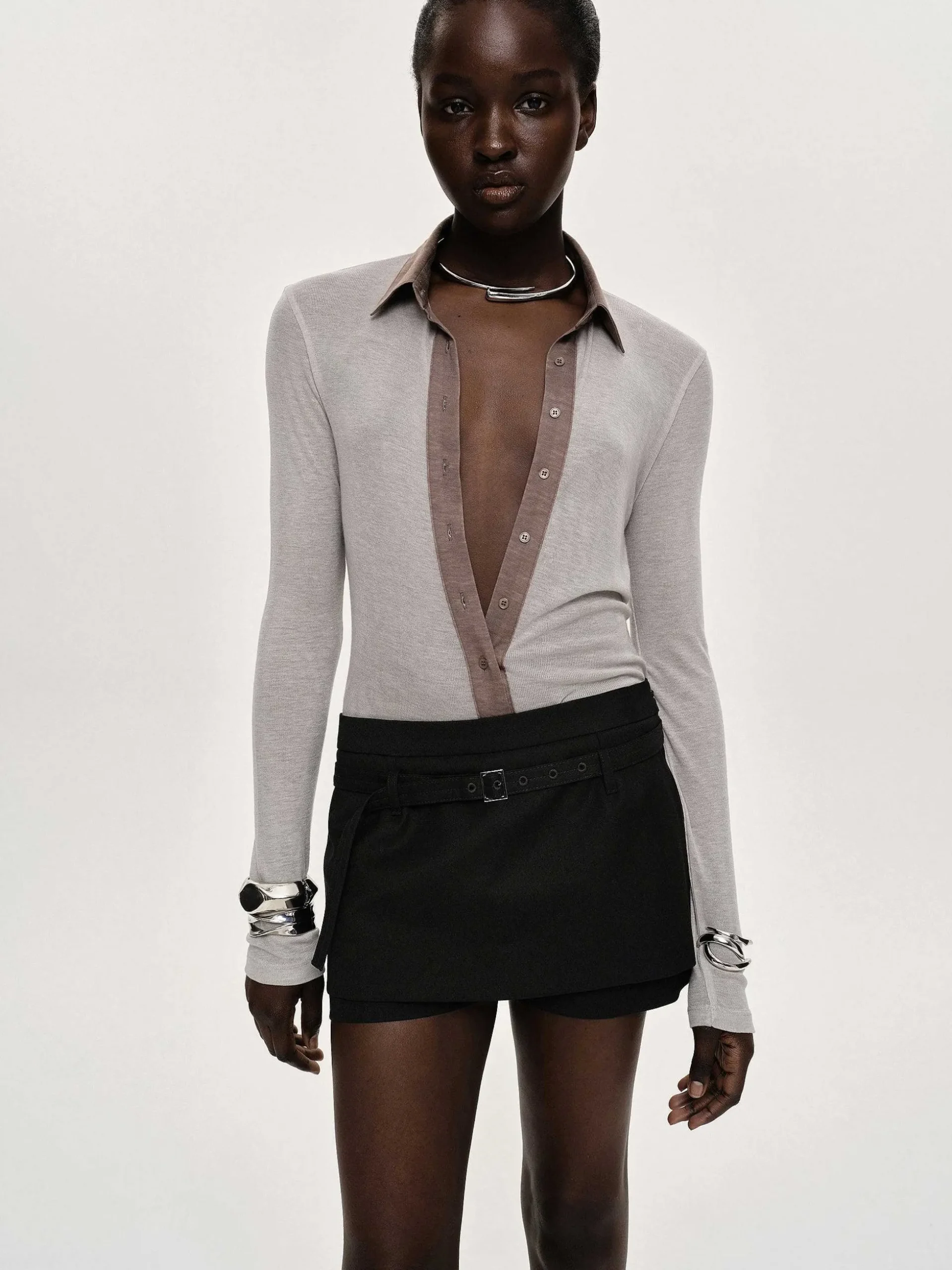 Women Source Unknown Clothing-Pietro Semi-Sheer Collar Top, Taupe Brown