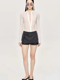 Women Source Unknown Clothing-Pietro Semi-Sheer Collar Top, White