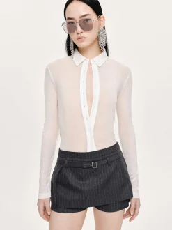 Women Source Unknown Clothing-Pietro Semi-Sheer Collar Top, White
