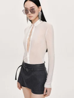 Women Source Unknown Clothing-Pietro Semi-Sheer Collar Top, White