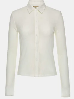 Women Source Unknown Tops-Pietro Semi-Sheer Collar Top, White