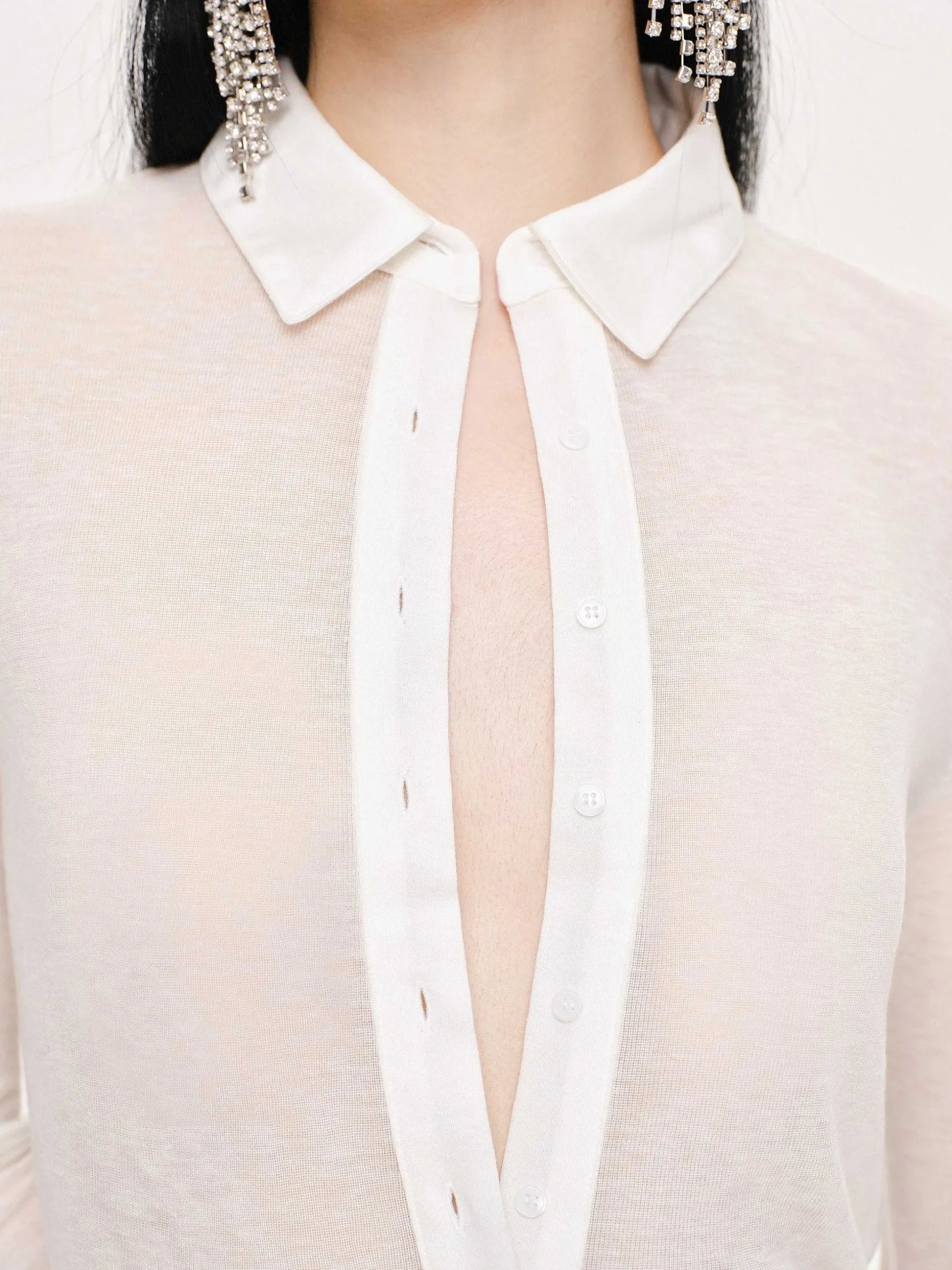 Women Source Unknown Tops-Pietro Semi-Sheer Collar Top, White