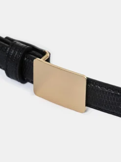 Women Source Unknown Accessories-Plate Buckle Croc-Effect Belt, Gold