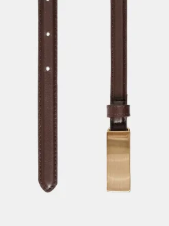Women Source Unknown Clothing-Plate Buckle Leather Belt, Brunette