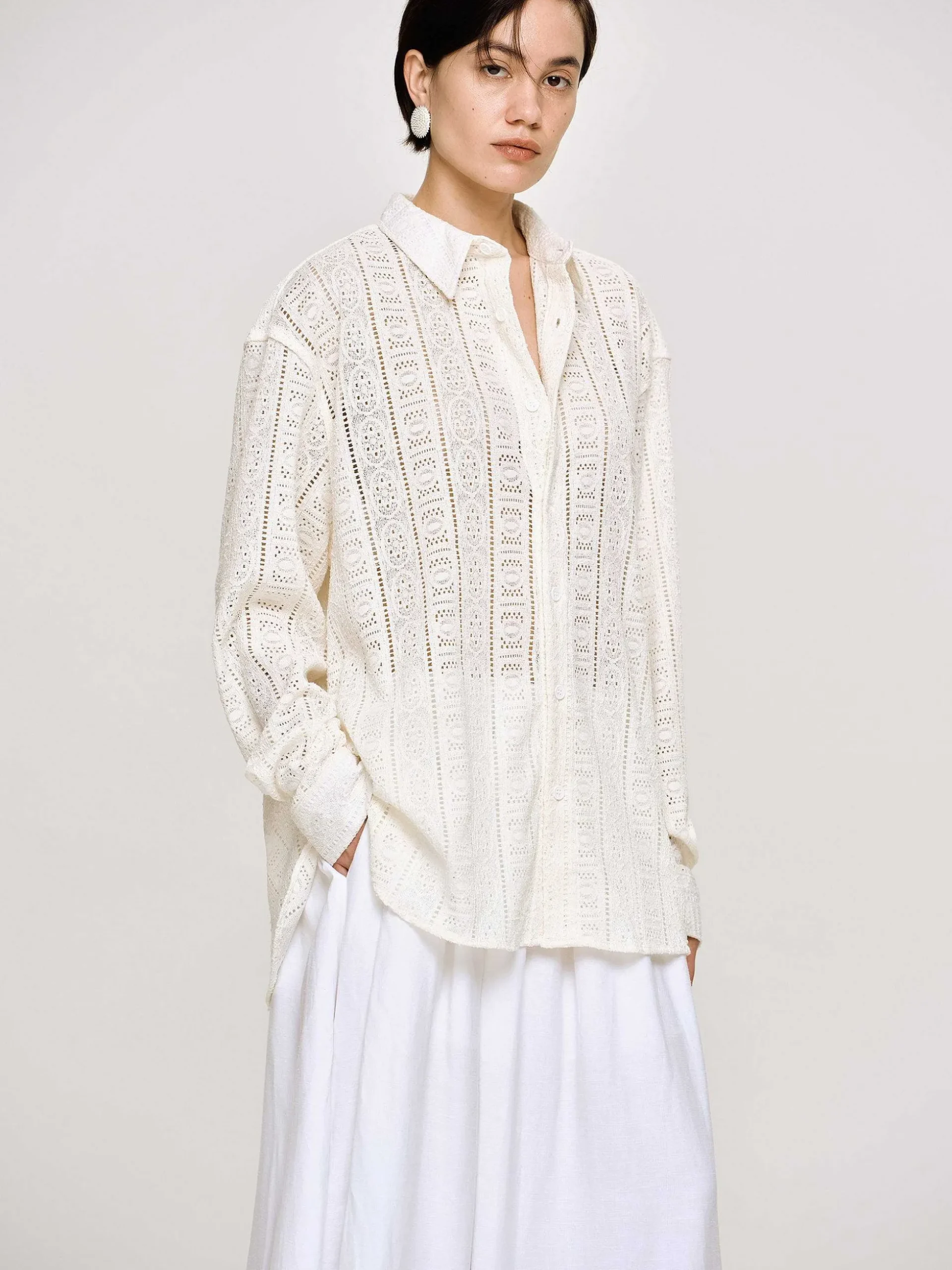 Women Source Unknown Accessories-Pointelle Oversized Button Down Shirt,
