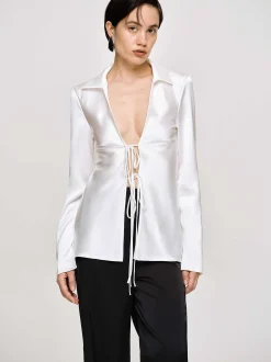 Women Source Unknown Tops-Reyna Satin Blouse, Pearl