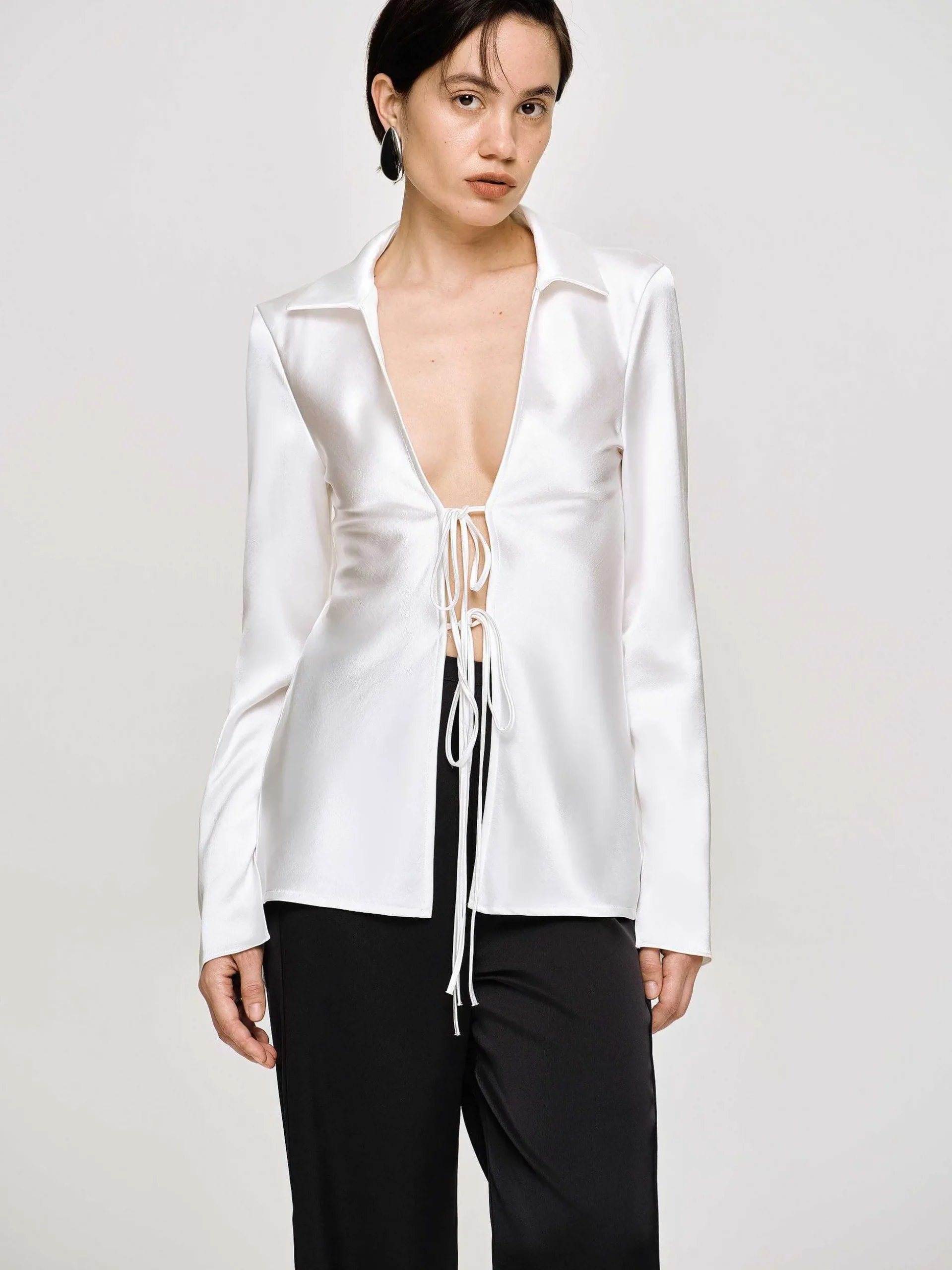 Women Source Unknown Tops-Reyna Satin Blouse, Pearl
