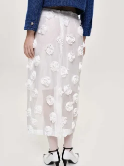 Women Source Unknown Clothing-Rose Applique Midi Skirt, White