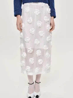 Women Source Unknown Clothing-Rose Applique Midi Skirt, White