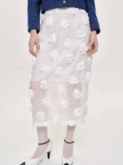 Women Source Unknown Clothing-Rose Applique Midi Skirt, White