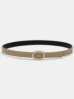 Women Source Unknown Accessories-Round Hexagon Leather Belt, Beige/Gold