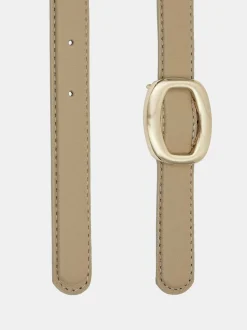 Women Source Unknown Accessories-Round Hexagon Leather Belt, Beige/Gold