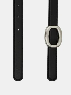 Women Source Unknown Accessories-Round Hexagon Leather Belt, Black/Silver