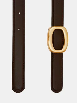 Women Source Unknown Accessories-Round Hexagon Leather Belt, Brown/Gold