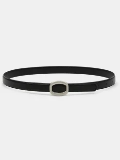 Women Source Unknown Clothing-Round Hexagon Leather Belt, Black/Silver