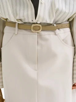 Women Source Unknown Clothing-Round Hexagon Leather Belt, Beige/Gold