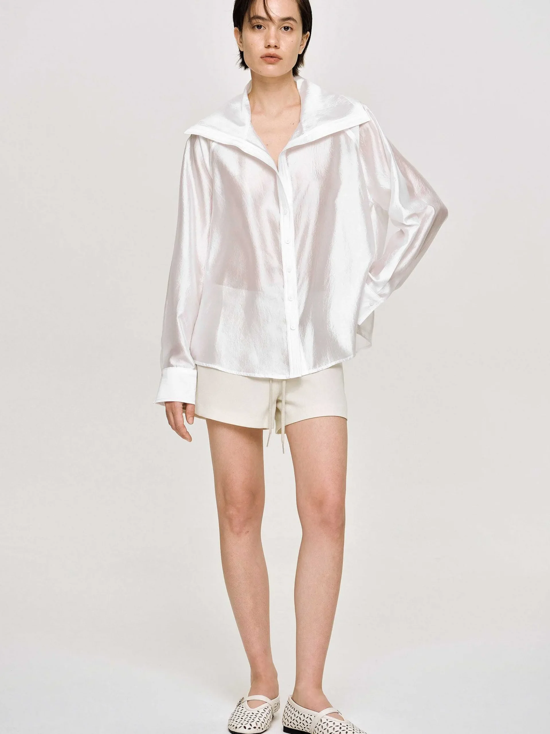 Women Source Unknown Clothing-Sailor Collar Sheer Shirt, White
