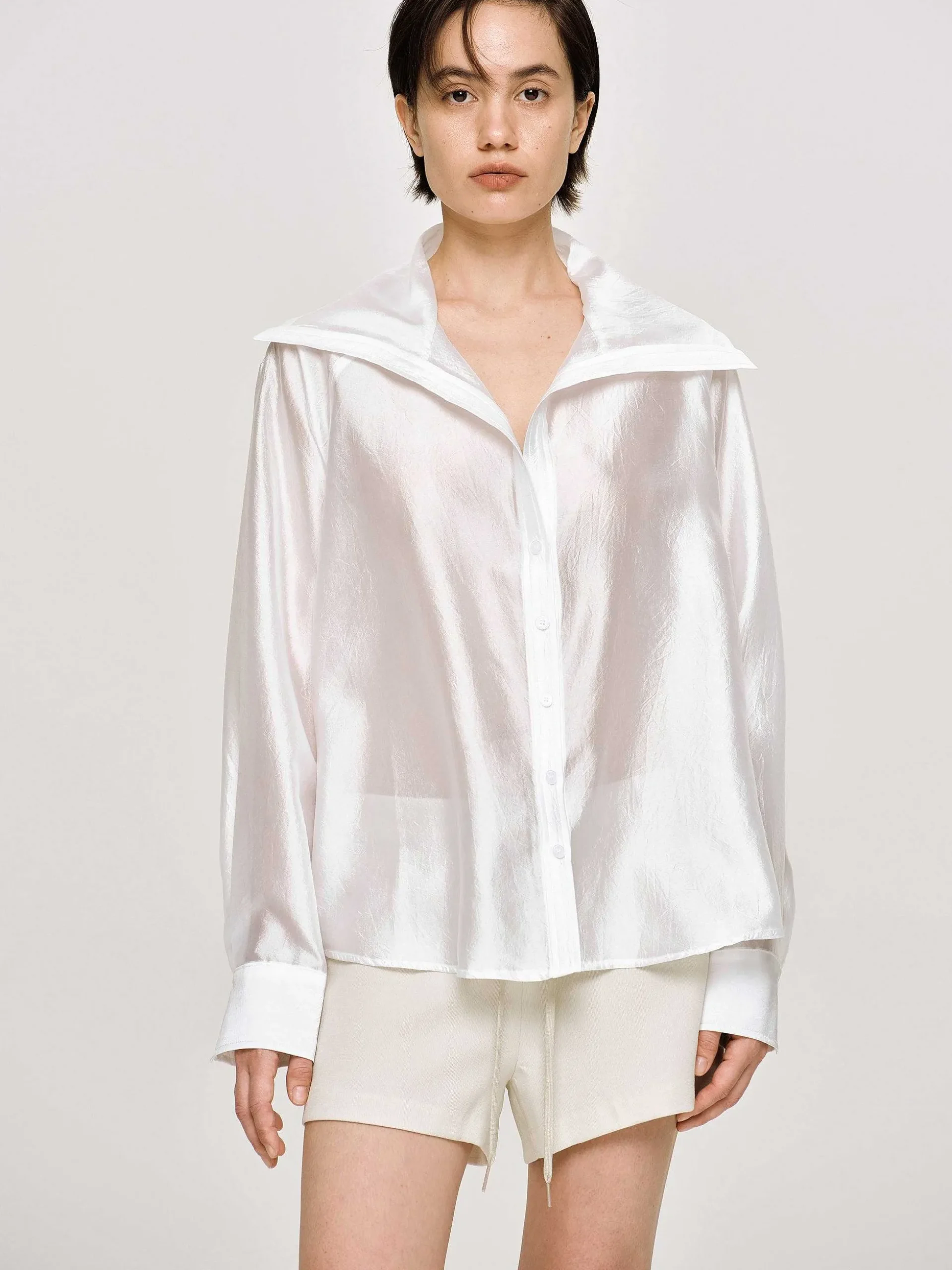 Women Source Unknown Clothing-Sailor Collar Sheer Shirt, White