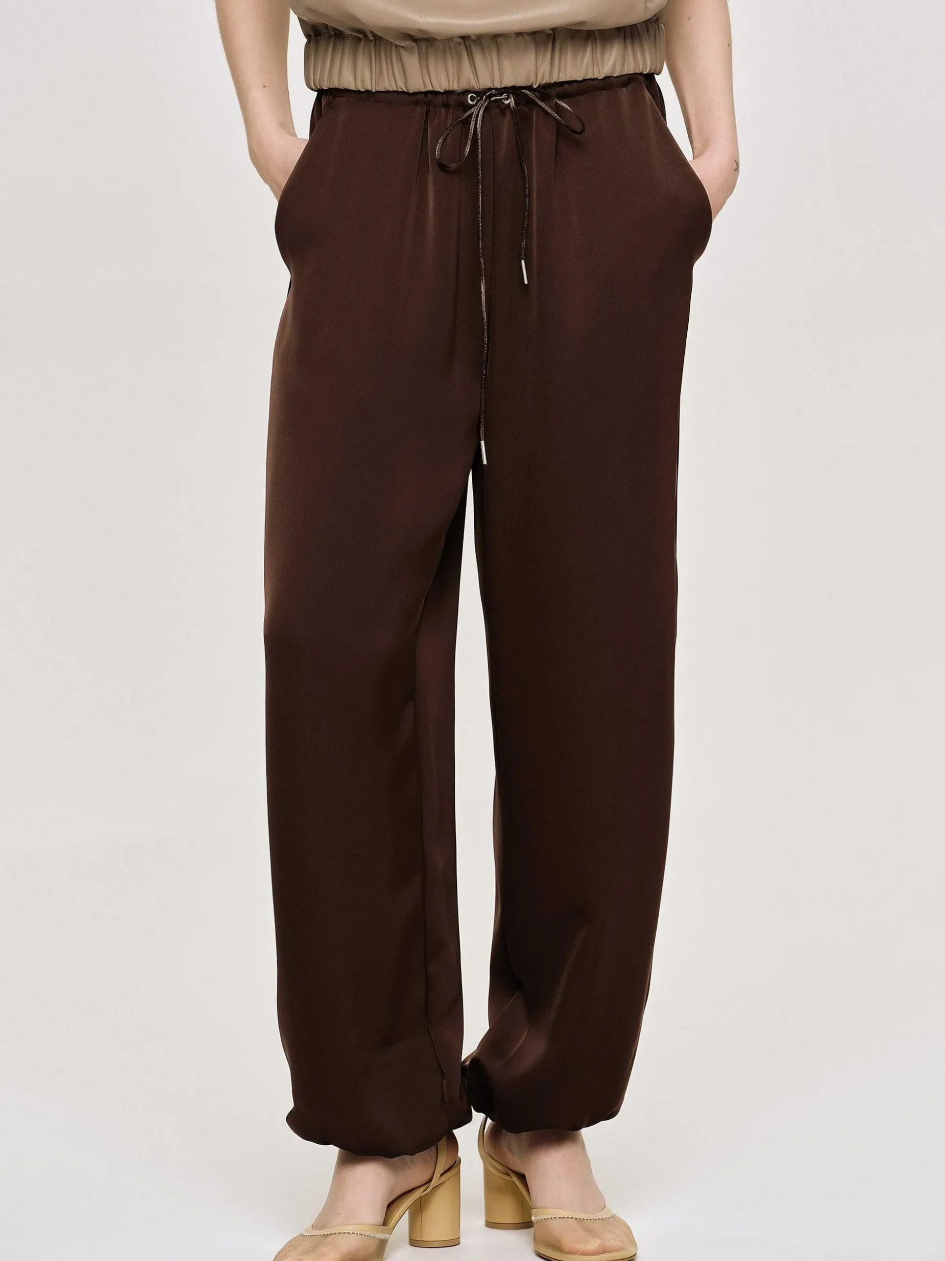 Women Source Unknown Clothing-Satin Jogger Pants, Merlot Red