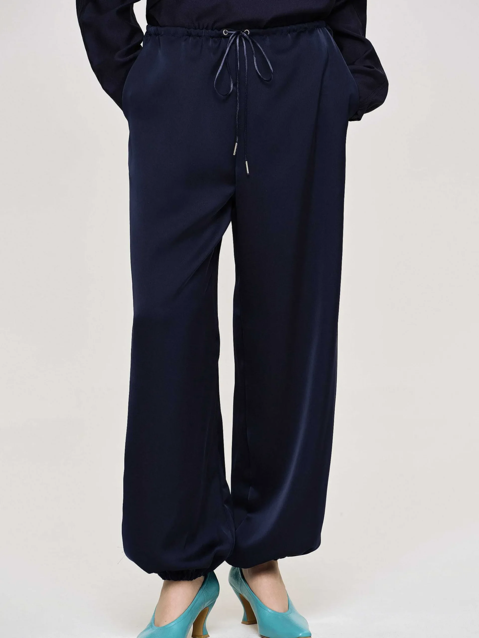 Women Source Unknown Clothing-Satin Jogger Pants, Navy