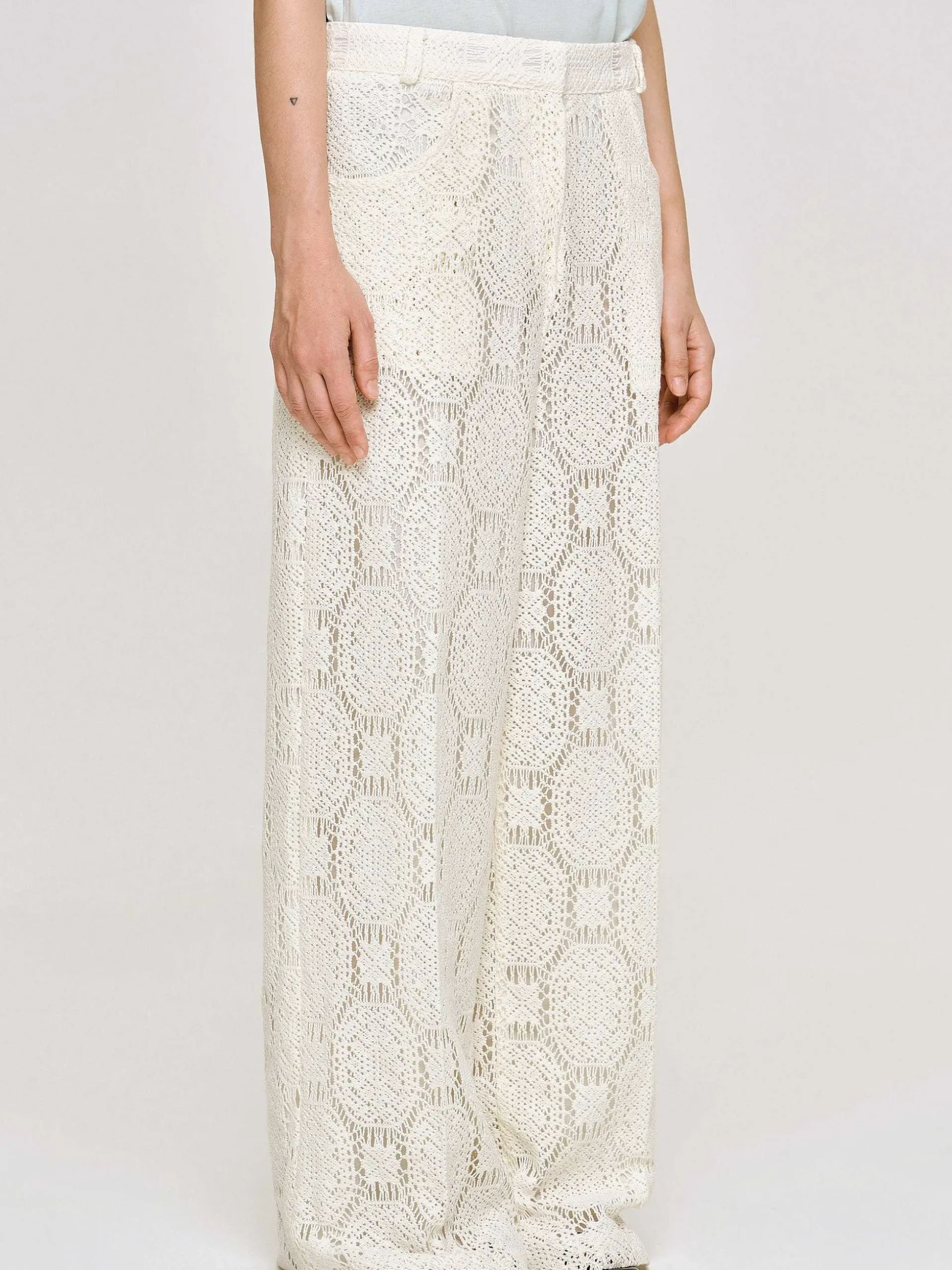 Women Source Unknown Bottoms-Sevilla Crochet Wide Trousers, Ecru