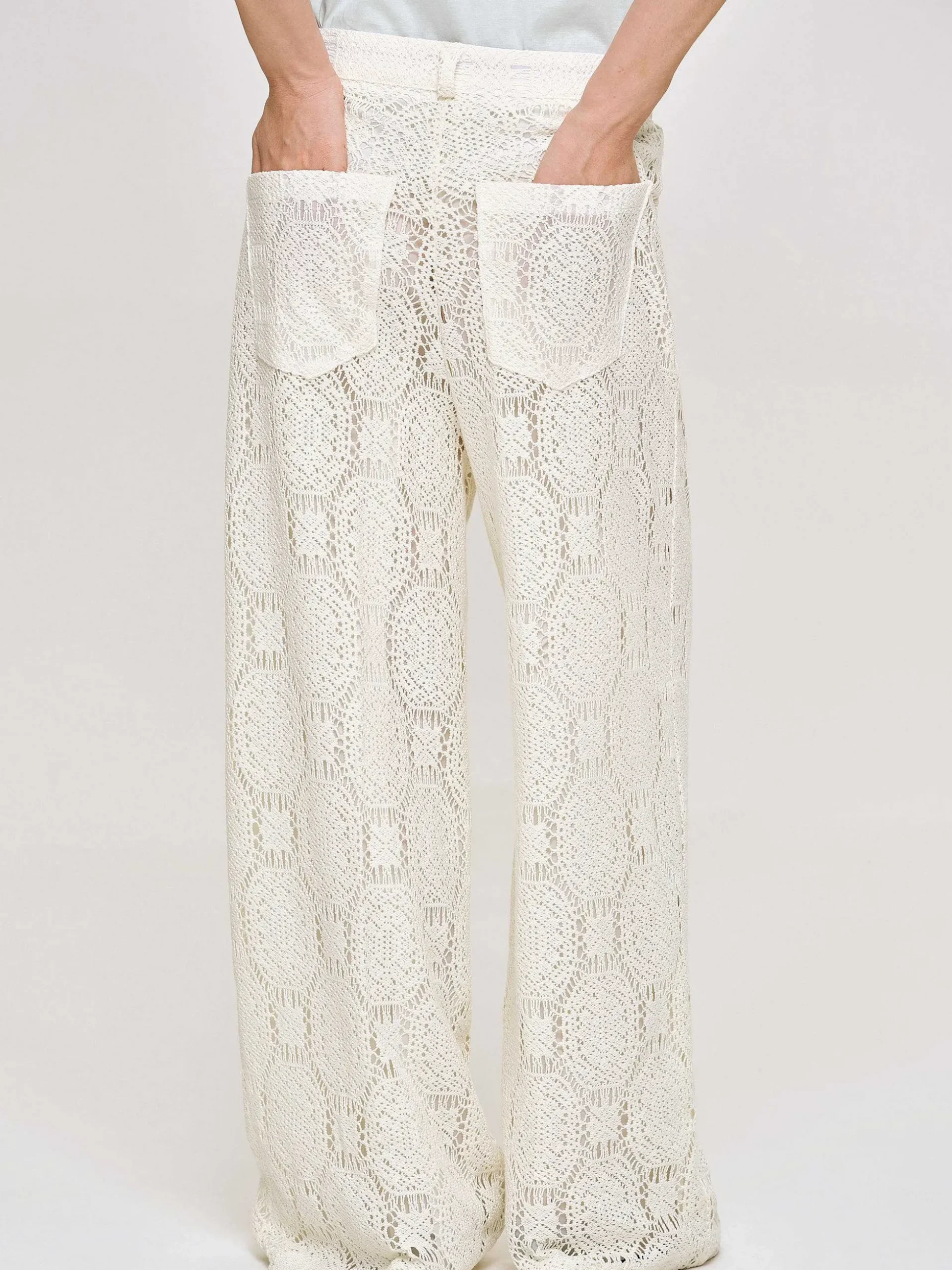 Women Source Unknown Bottoms-Sevilla Crochet Wide Trousers, Ecru