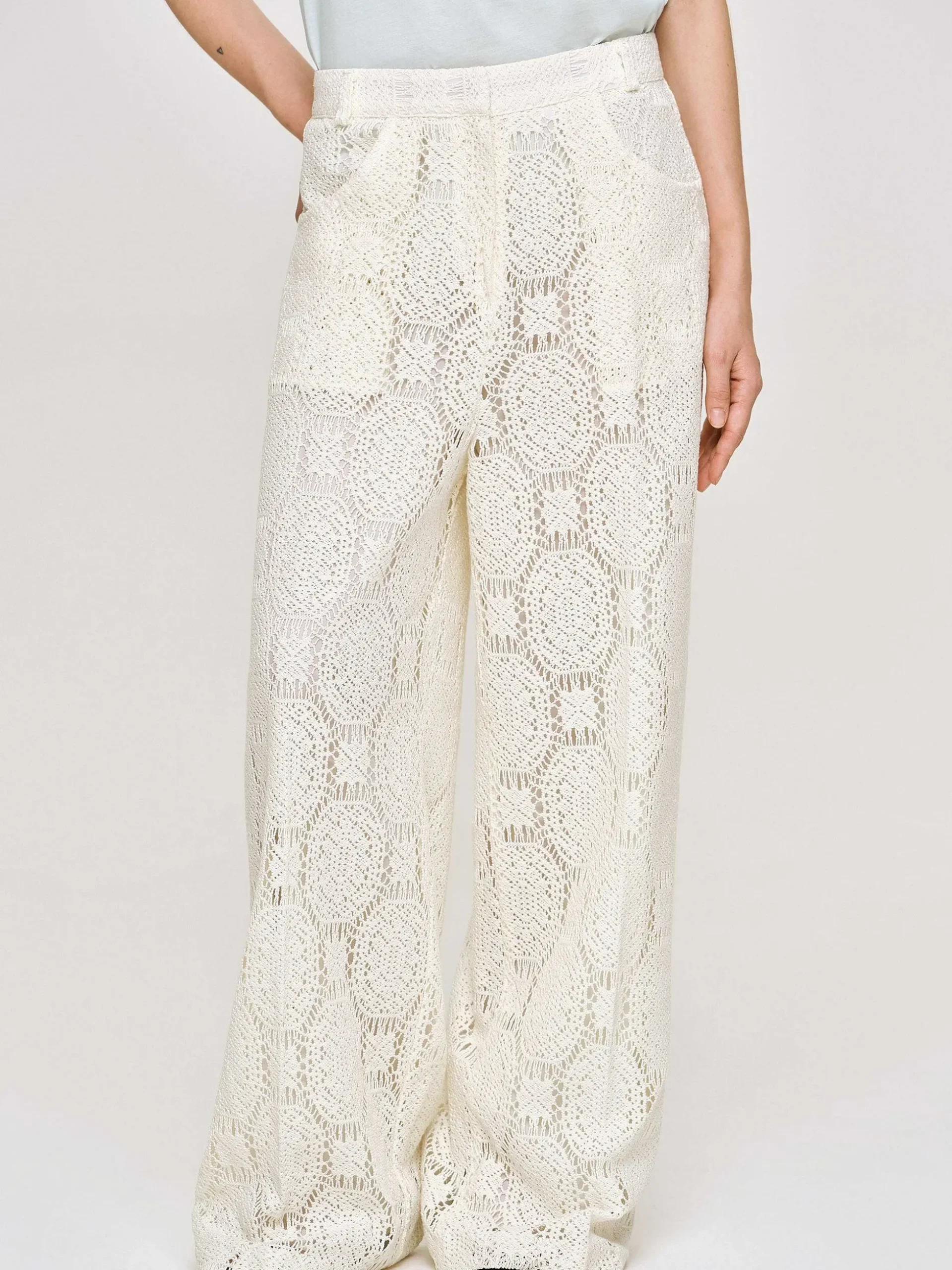 Women Source Unknown Bottoms-Sevilla Crochet Wide Trousers, Ecru
