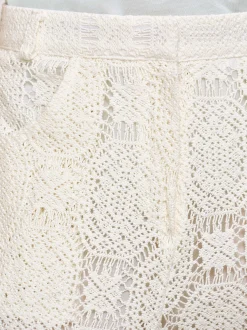 Women Source Unknown Bottoms-Sevilla Crochet Wide Trousers, Ecru
