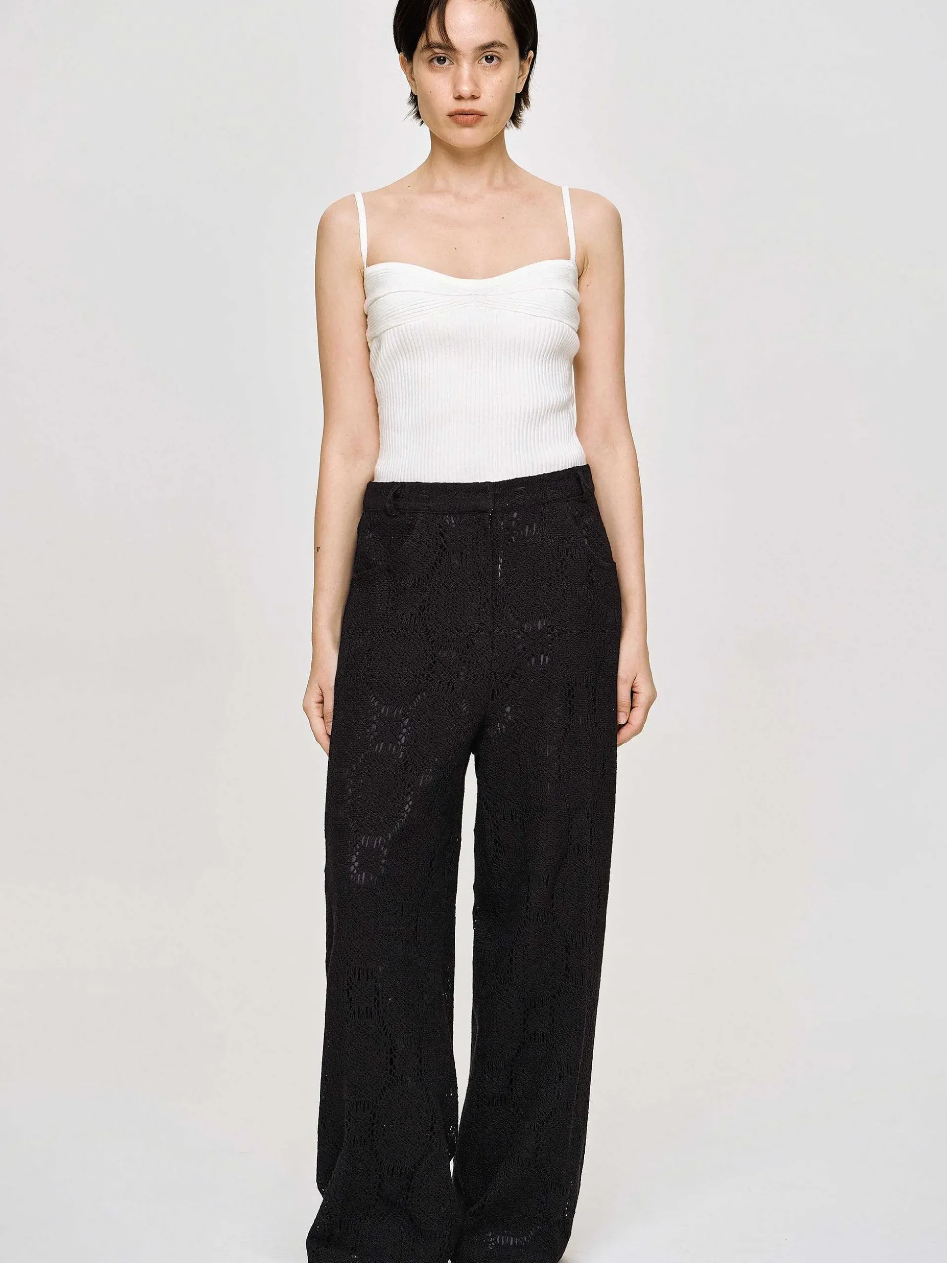 Women Source Unknown Bottoms-Sevilla Crochet Wide Trousers, Black