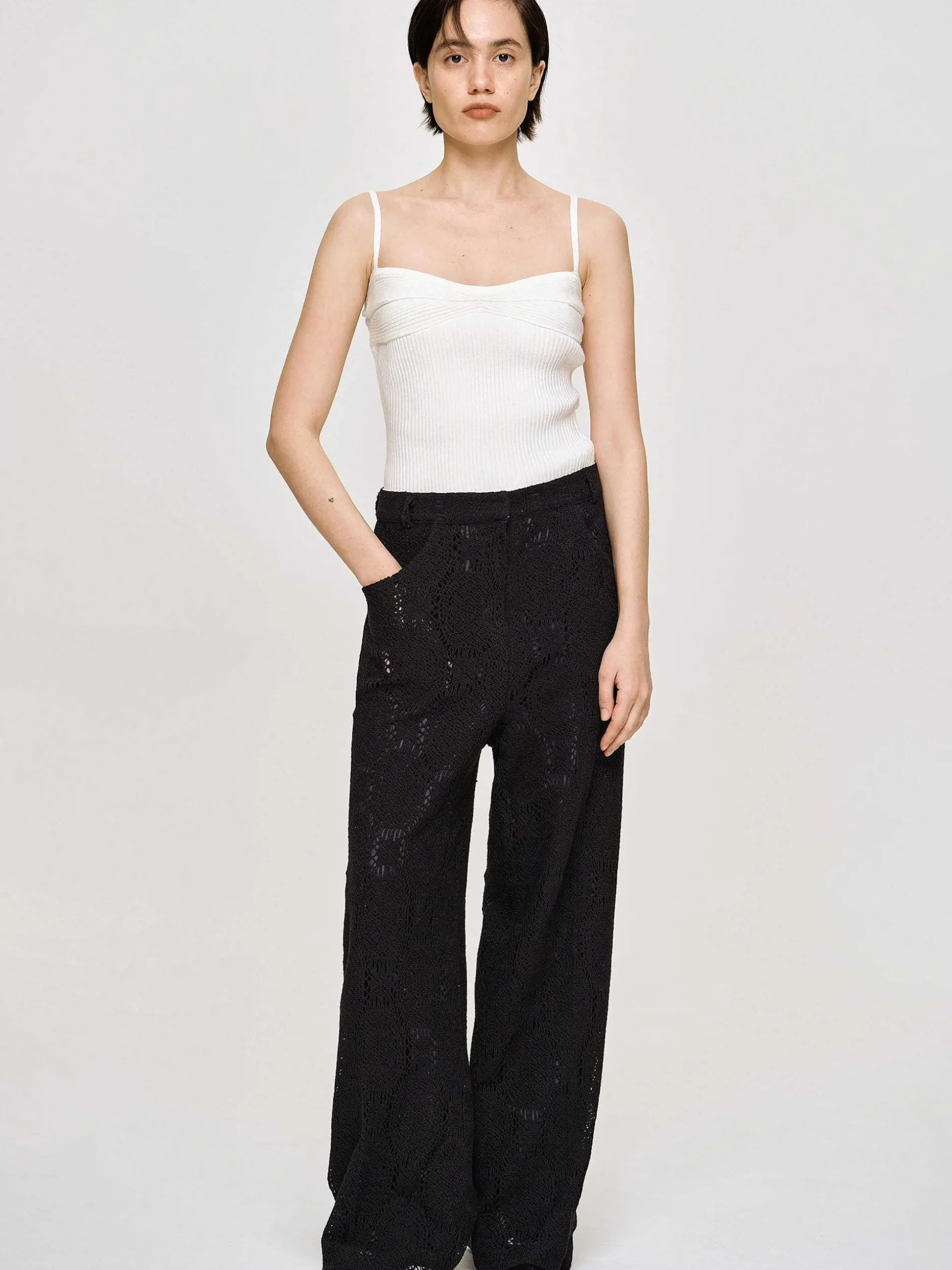 Women Source Unknown Bottoms-Sevilla Crochet Wide Trousers, Black