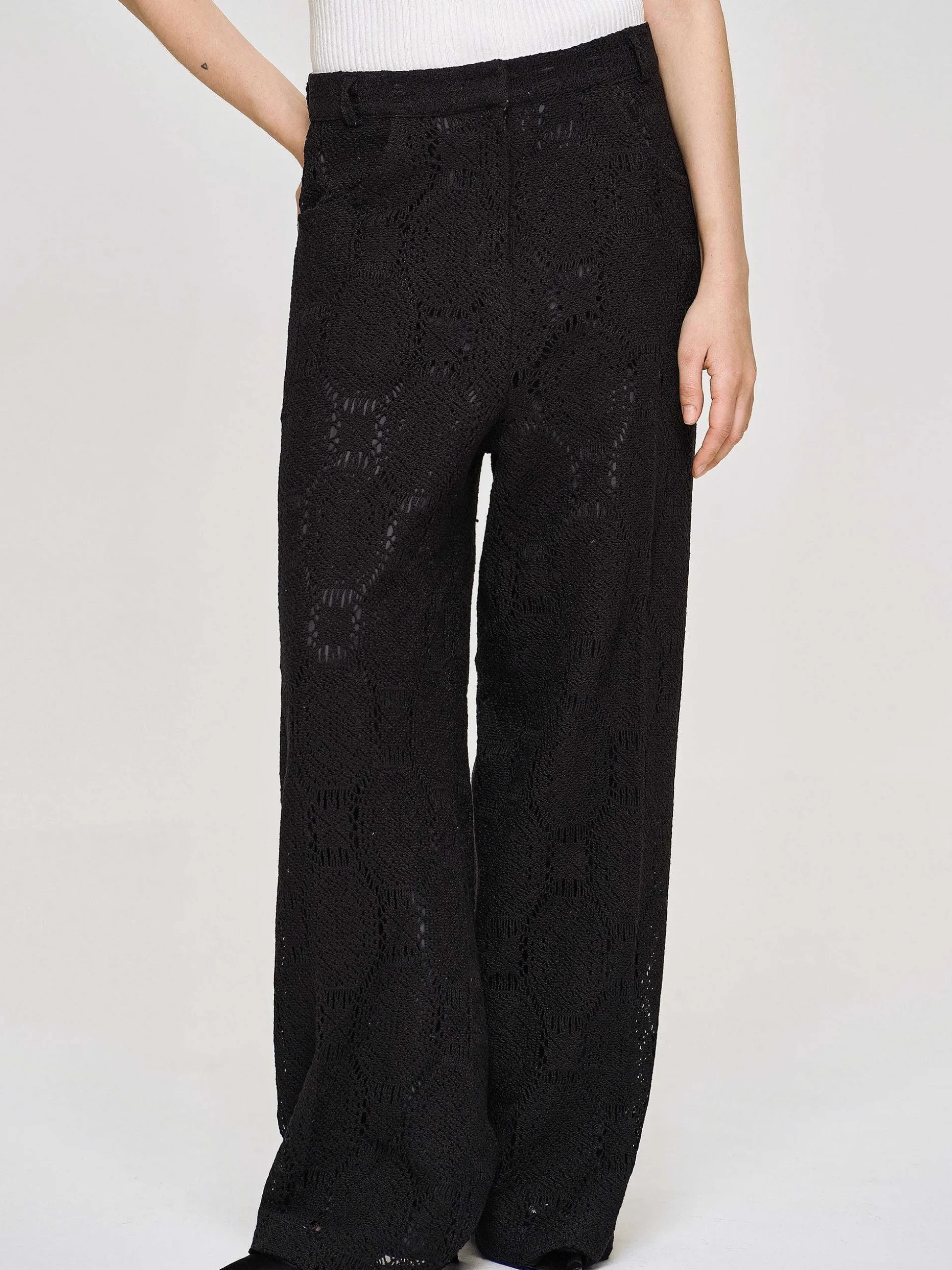 Women Source Unknown Bottoms-Sevilla Crochet Wide Trousers, Black