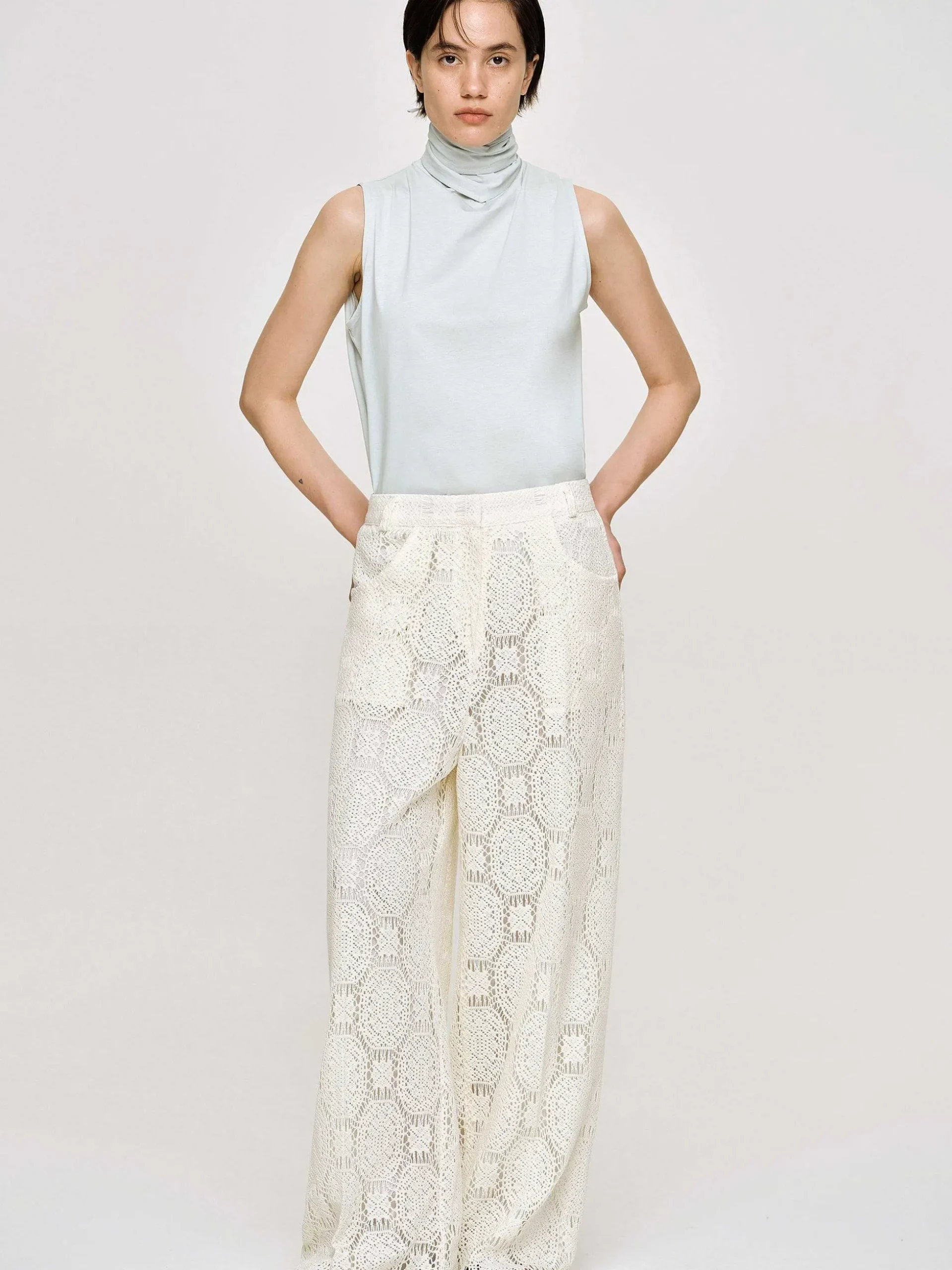 Women Source Unknown Clothing-Sevilla Crochet Wide Trousers, Ecru