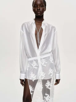 Women Source Unknown Accessories-Sheer Button-Down Shirt, White