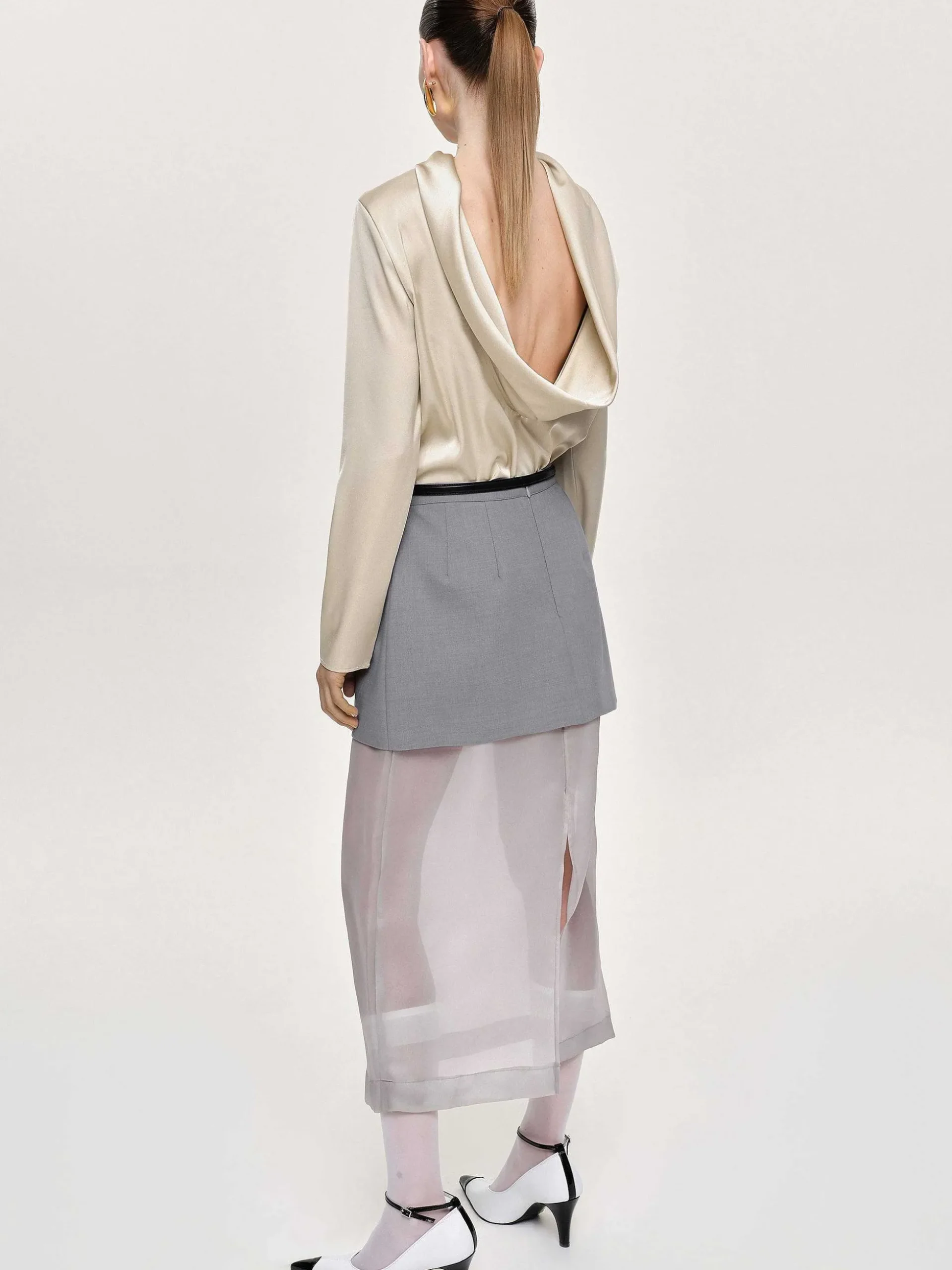 Women Source Unknown Bottoms-Sheer Midi Skirt, Taupe Gray