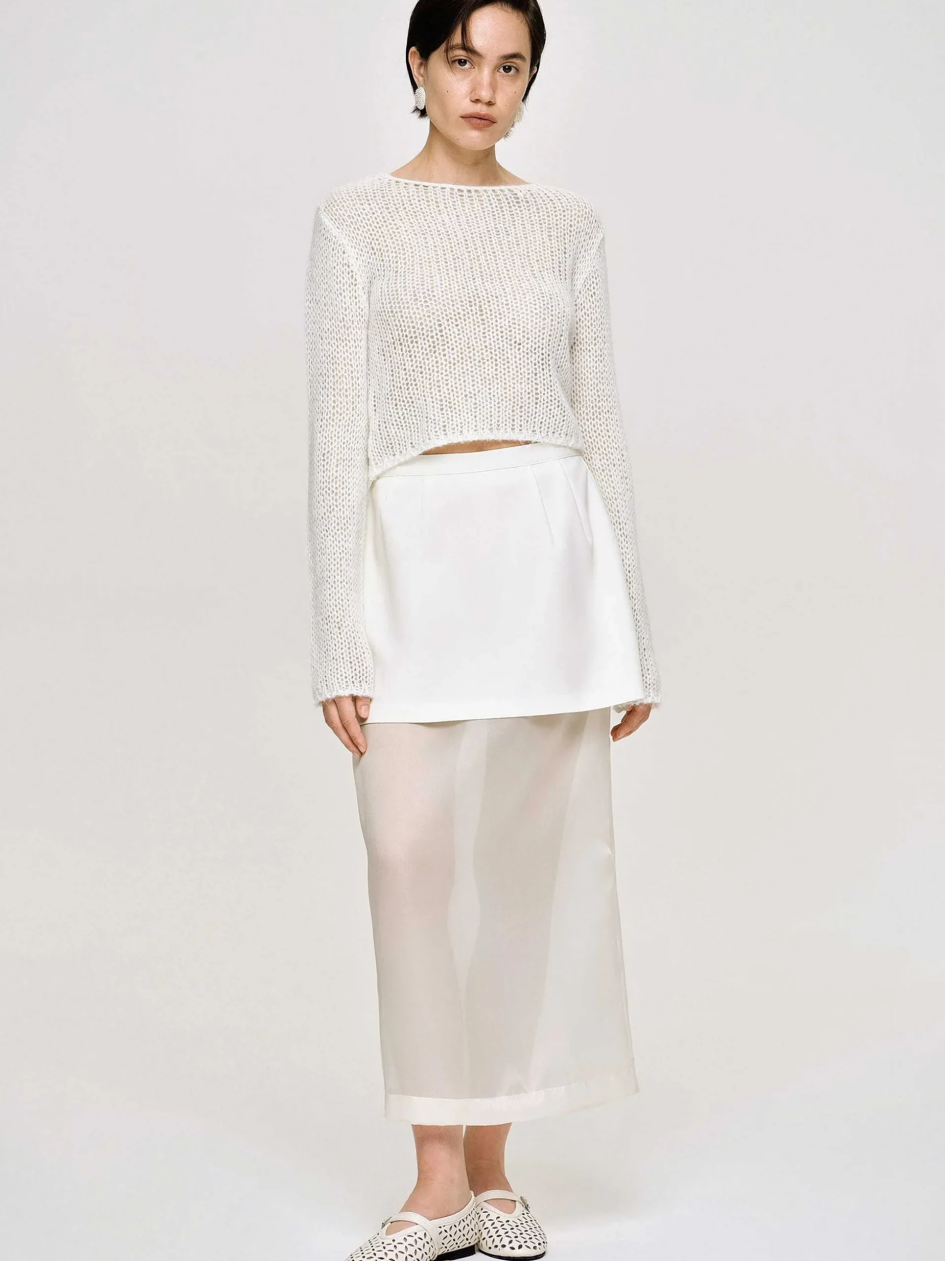 Women Source Unknown Bottoms-Sheer Midi Skirt, White