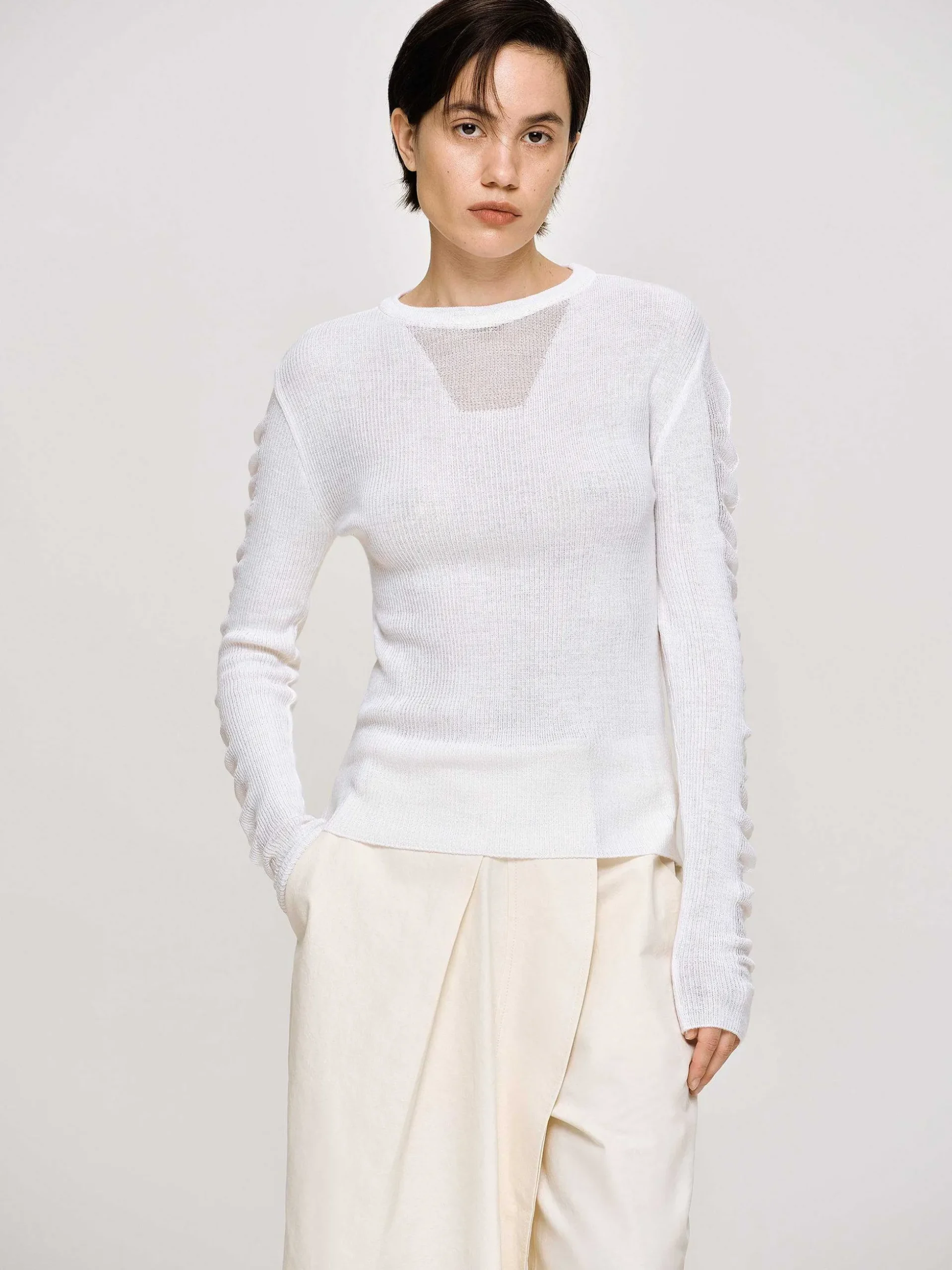 Women Source Unknown Knitwear-Sheer Sleeve Knit, White