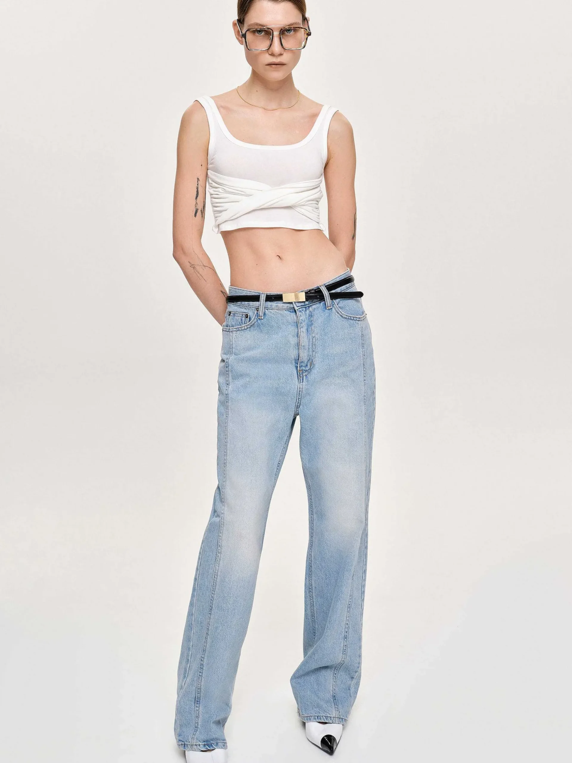 Women Source Unknown Denim-Side Paneled Straight Jeans, Light Washed Blue