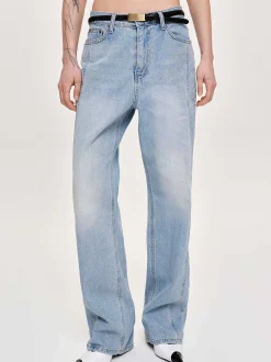 Women Source Unknown Denim-Side Paneled Straight Jeans, Light Washed Blue