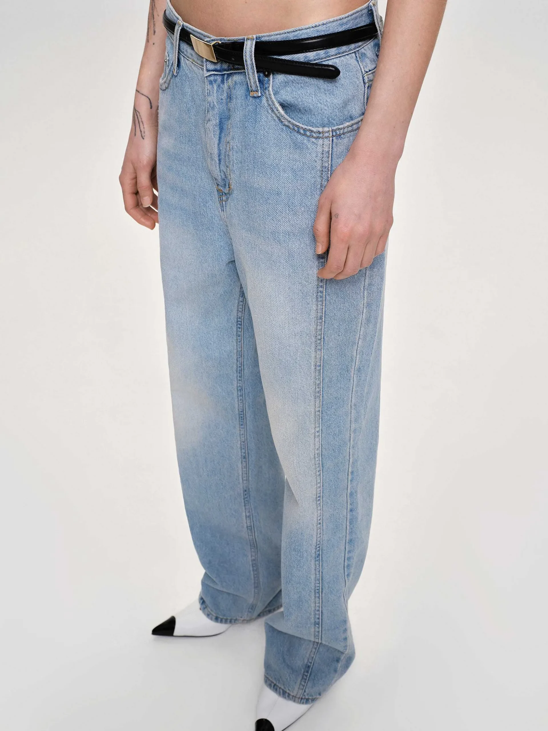 Women Source Unknown Clothing-Side Paneled Straight Jeans, Light Washed Blue
