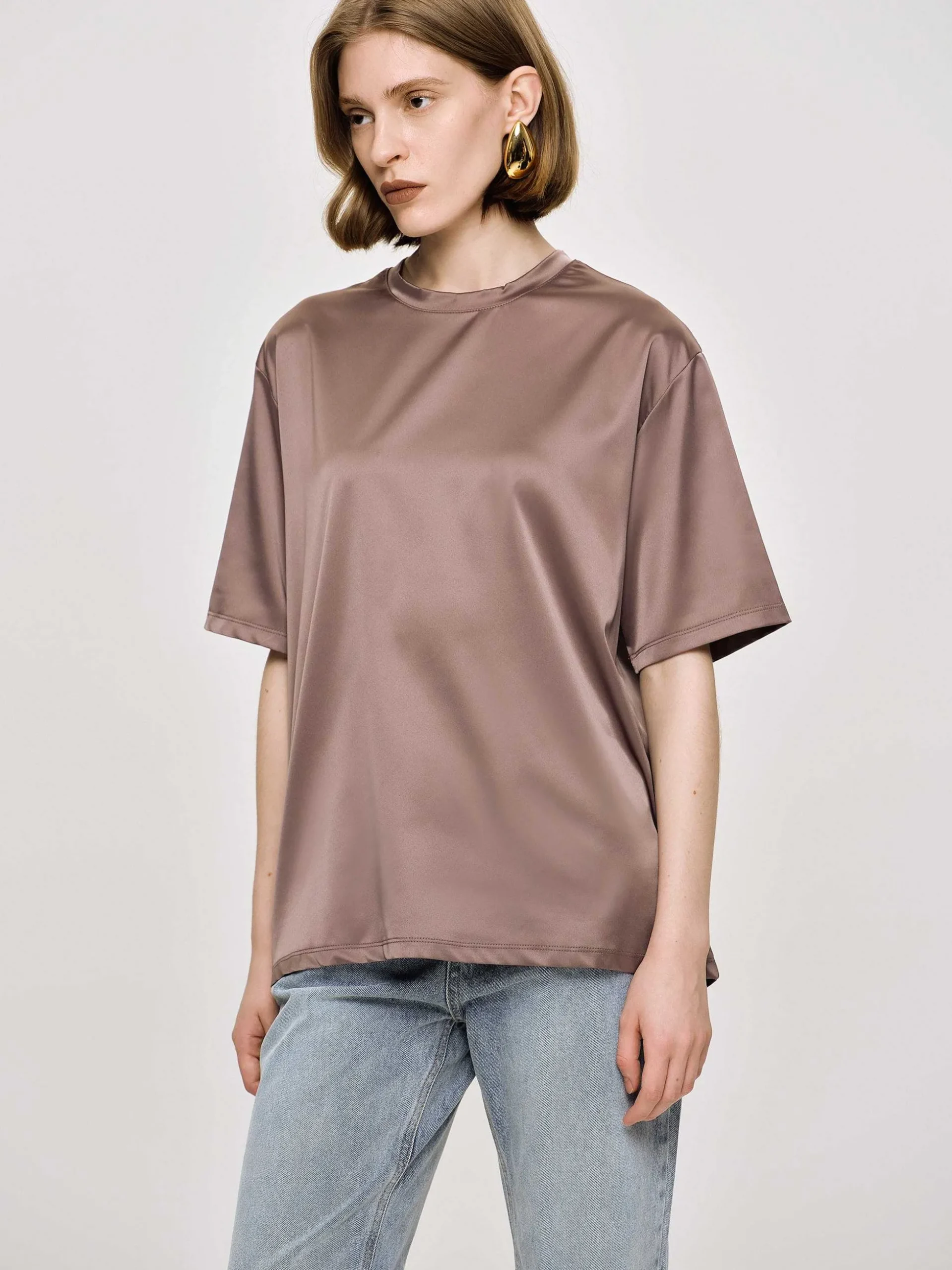 Women Source Unknown Accessories-Silky Satin T-Shirt, Red Bean