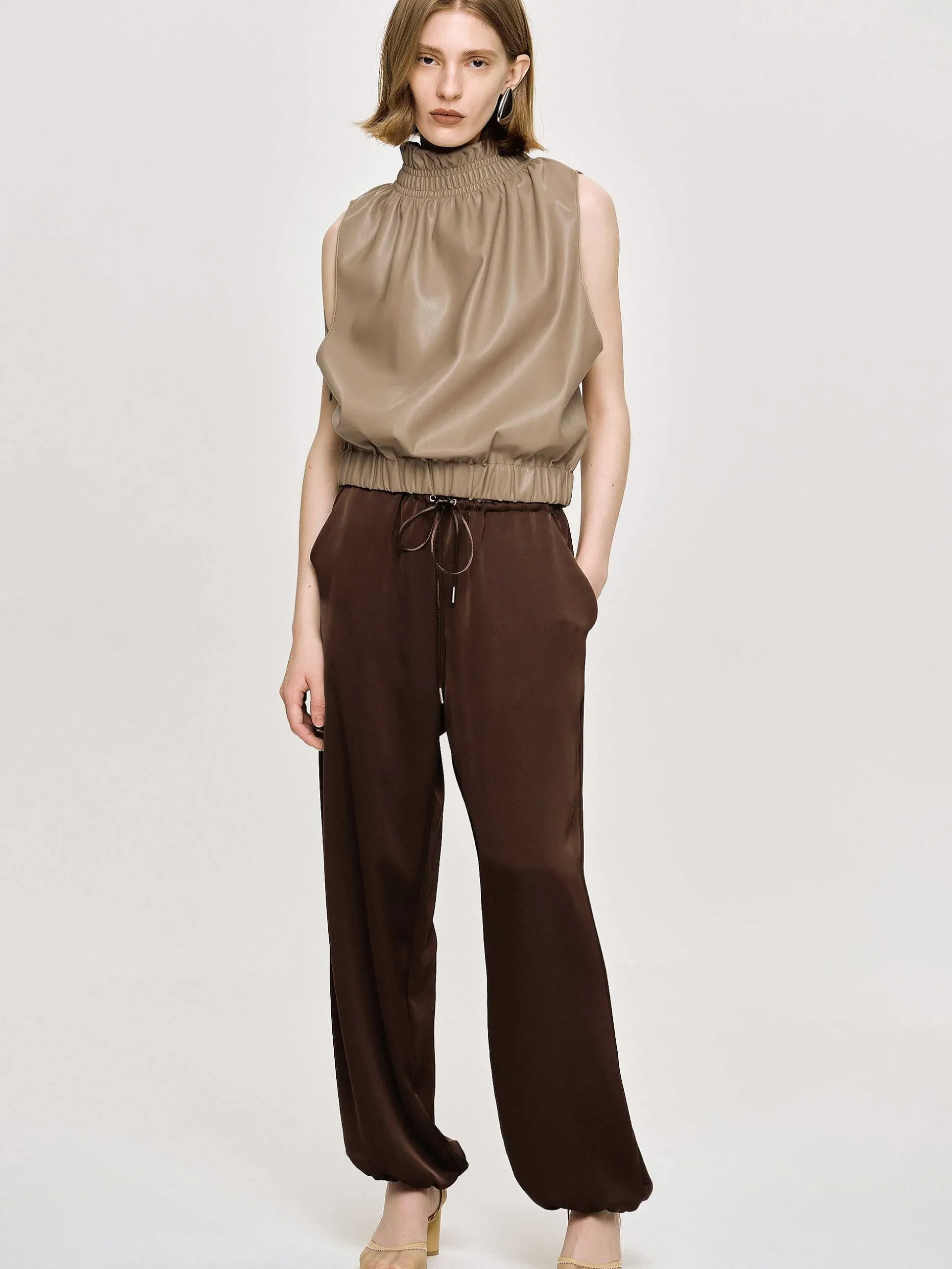 Women Source Unknown Accessories-Sleeveless Leather Top, Beige