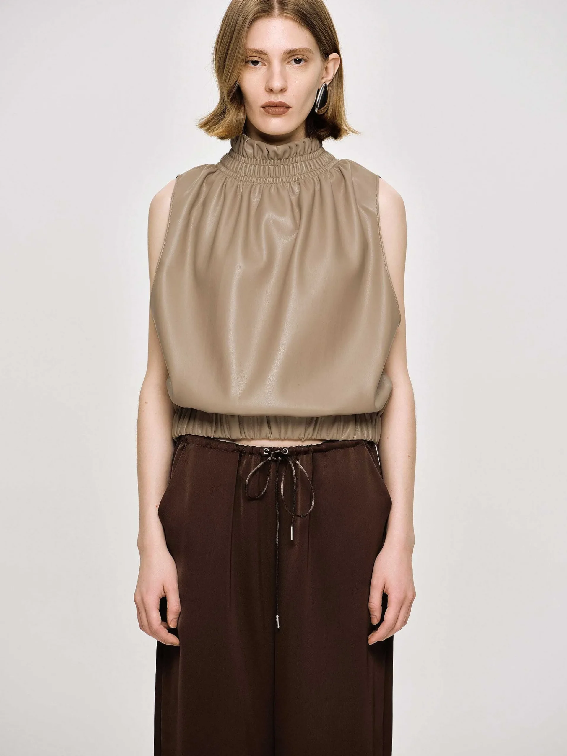 Women Source Unknown Accessories-Sleeveless Leather Top, Beige