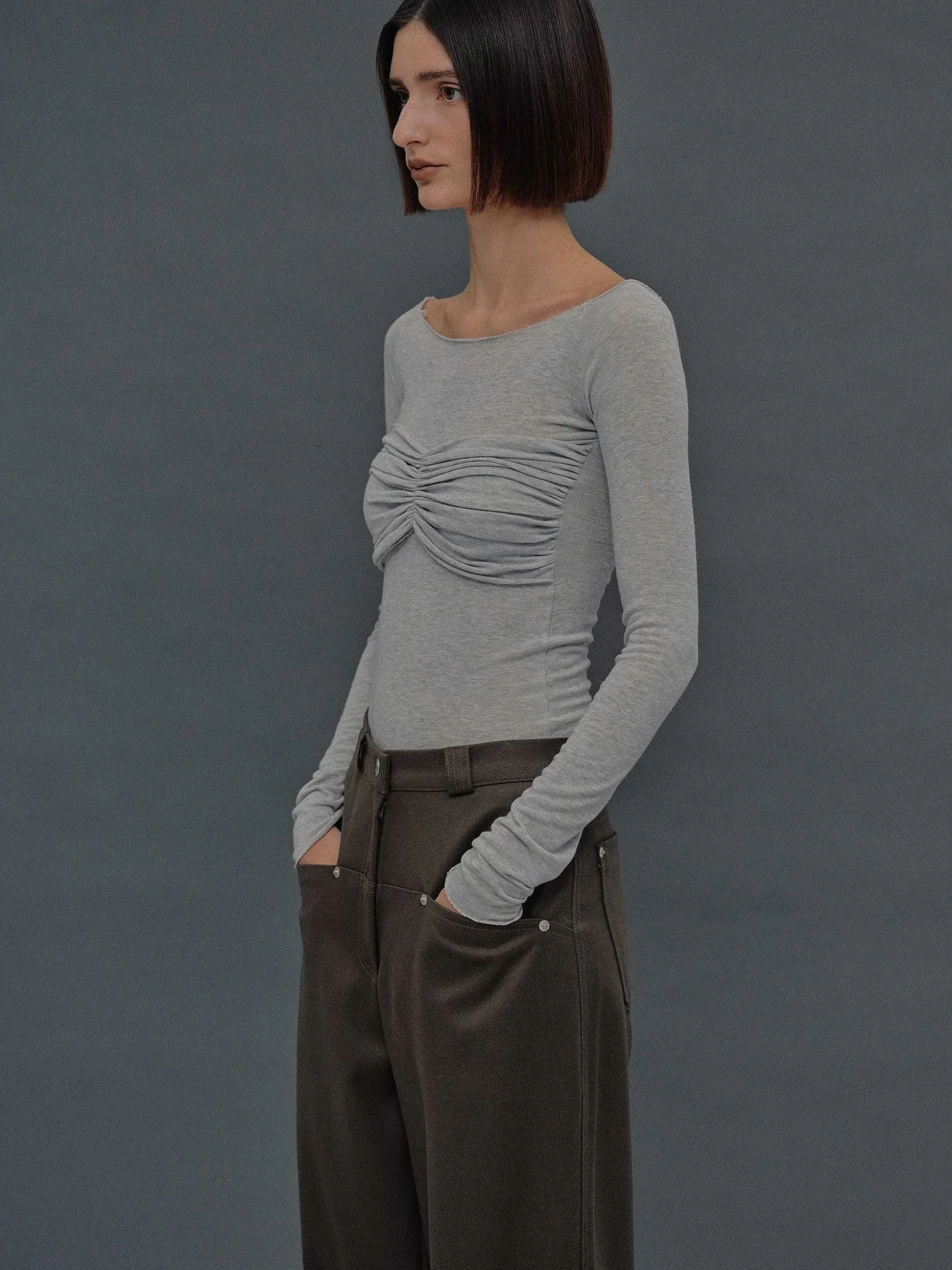 Women Source Unknown Tops-Slim Bustier Jersey Tee, Mist Grey