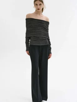Women Source Unknown Accessories-Tova Off Shoulder Knit, Dark Grey Melange